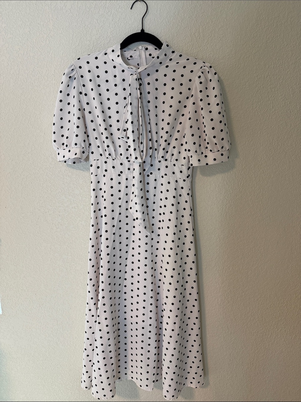 Polka Dot Tie-Neck Midi Dress in White and Black